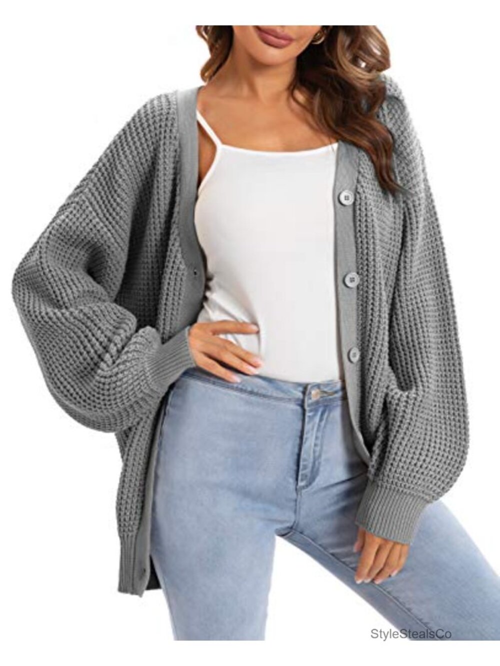 100% Cotton Oversized Cardigan Sweater Button Down V-Neck